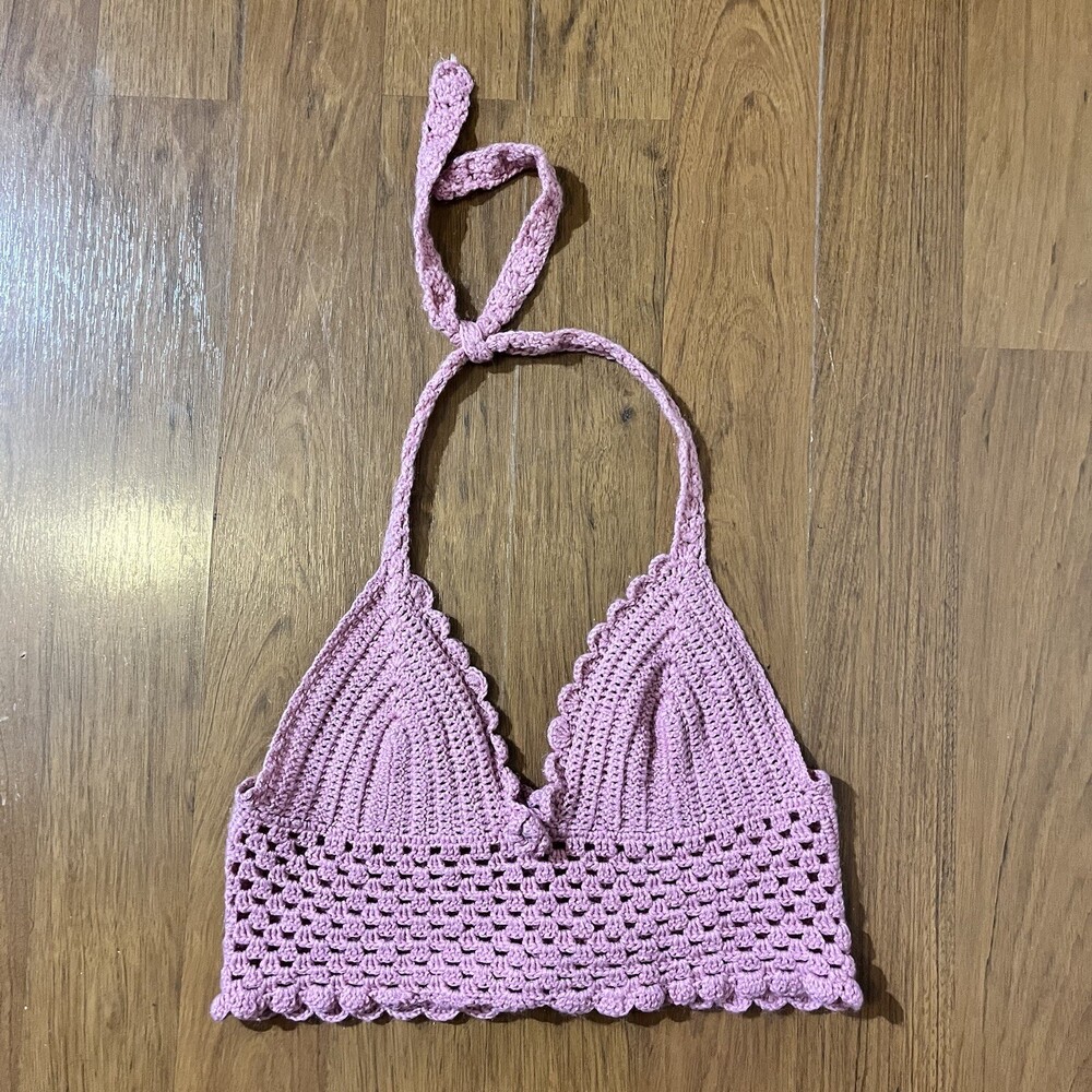 Vintage Hand Knit Crochet Pearl Pink Halter Crop Top Blouse Festival XL Womens